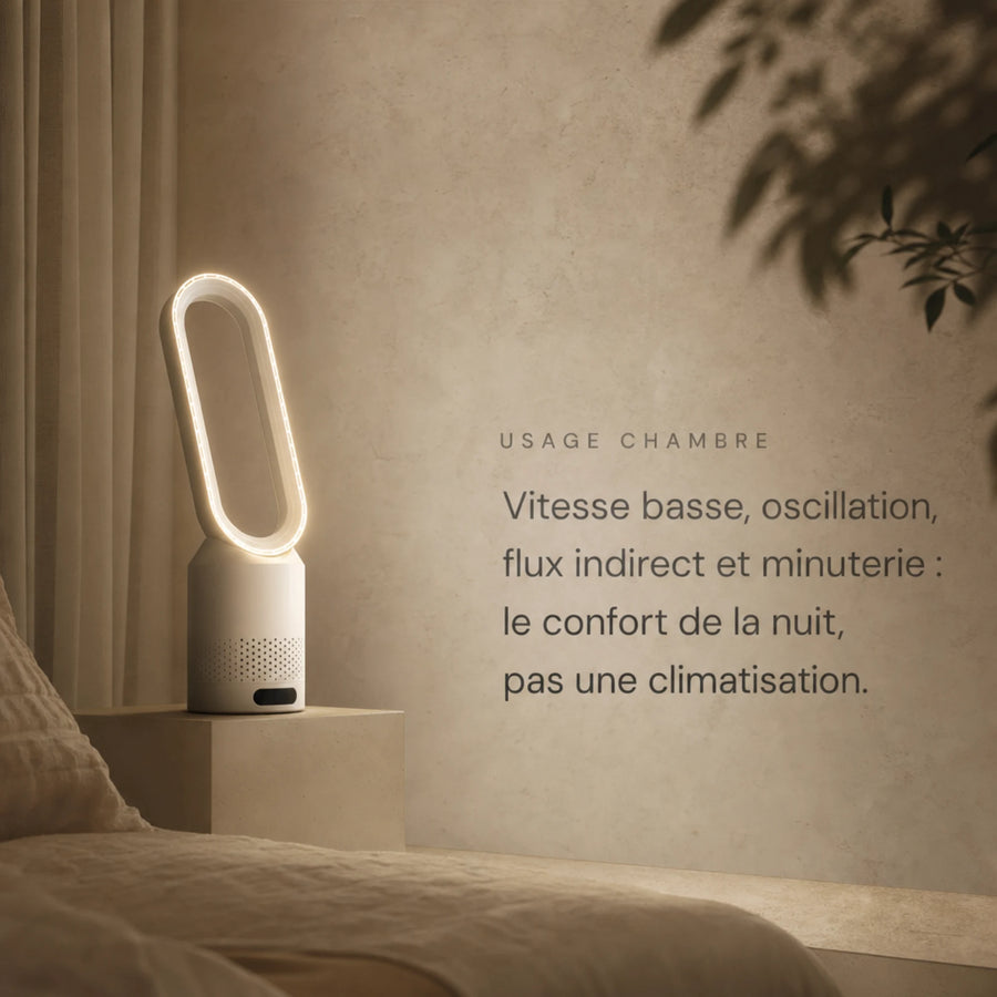 Ventilateur tour sans pales silencieux L'Air Sain en chambre la nuit, avec lumière d'ambiance douce