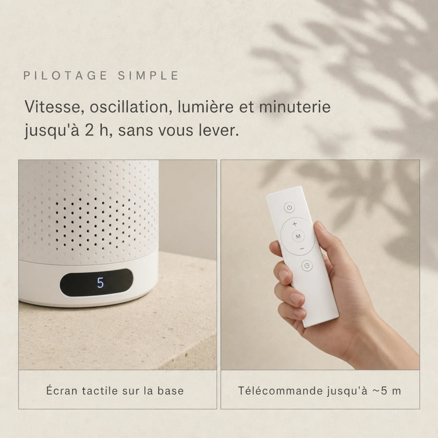 Ventilateur tour sans pales silencieux L'Air Sain, écran tactile et télécommande jusqu'à 5 mètres