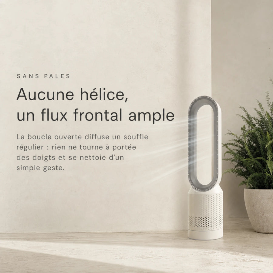 Ventilateur tour sans pales silencieux L'Air Sain, flux d'air frontal ample sans hélice apparente