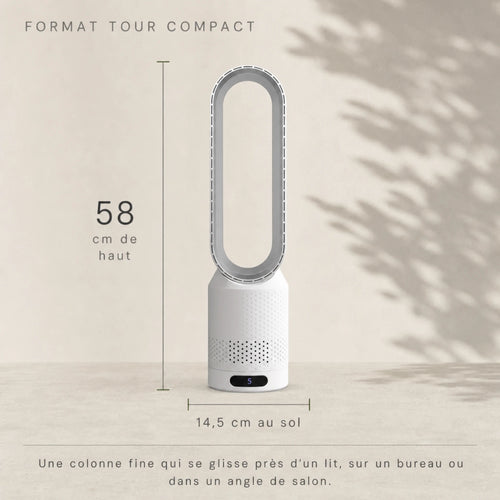 Ventilateur tour sans pales silencieux L'Air Sain, format compact 58 cm de haut et 14,5 cm au sol
