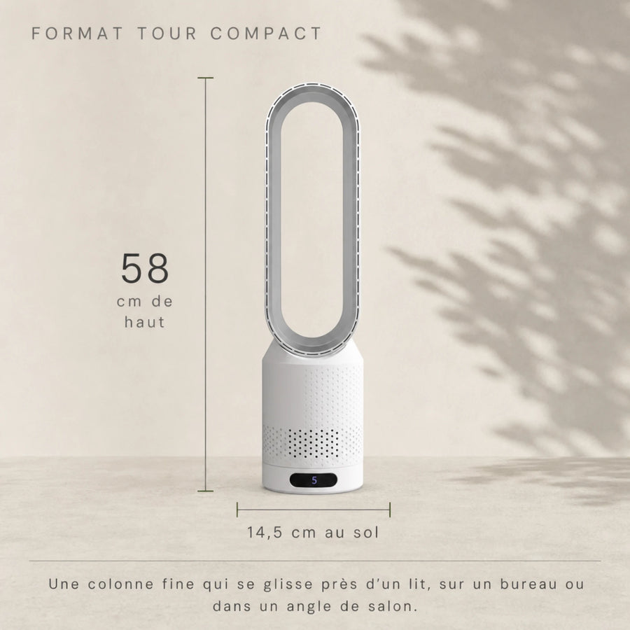 Ventilateur tour sans pales silencieux L'Air Sain, format compact 58 cm de haut et 14,5 cm au sol