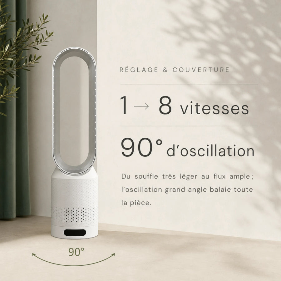 Ventilateur tour sans pales silencieux L'Air Sain, 8 vitesses et oscillation automatique à 90°